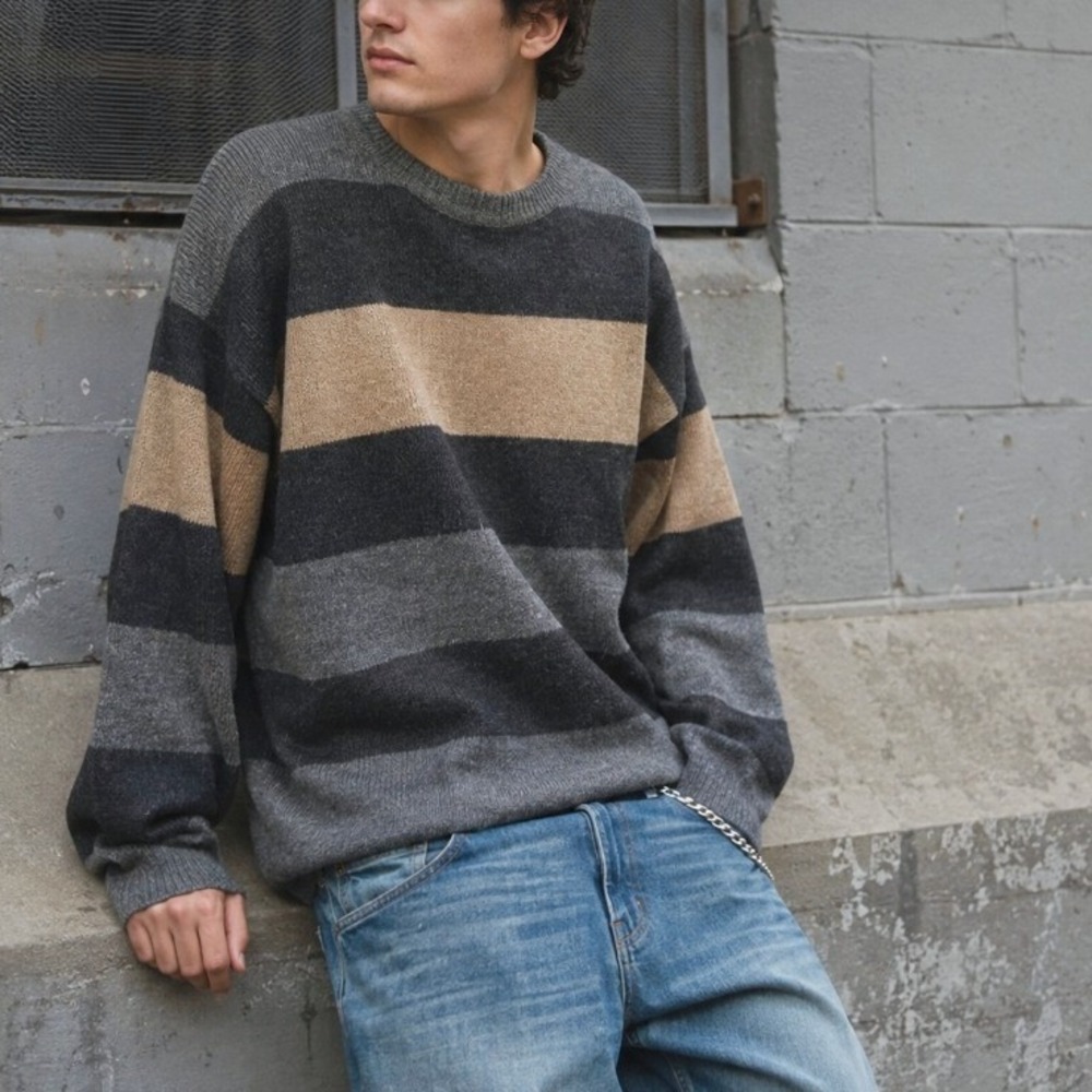 Vintage Wool Blend Sweater Striped Crewneck XL Gray Tan Italy Academia Heritage